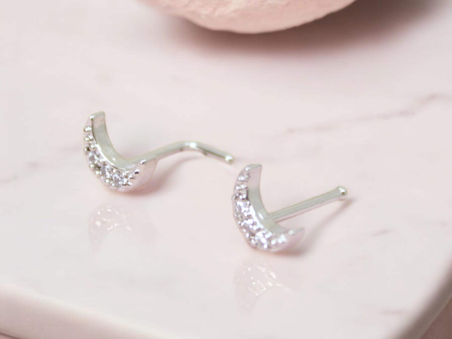 20G Silver Crescent Moon CZ Nose Stud, 8mm Dainty Nose Bone Stud,L Shape Crescent Nose Ring, Tiny Nose Jewelry, Nose Piercing Jewelry.