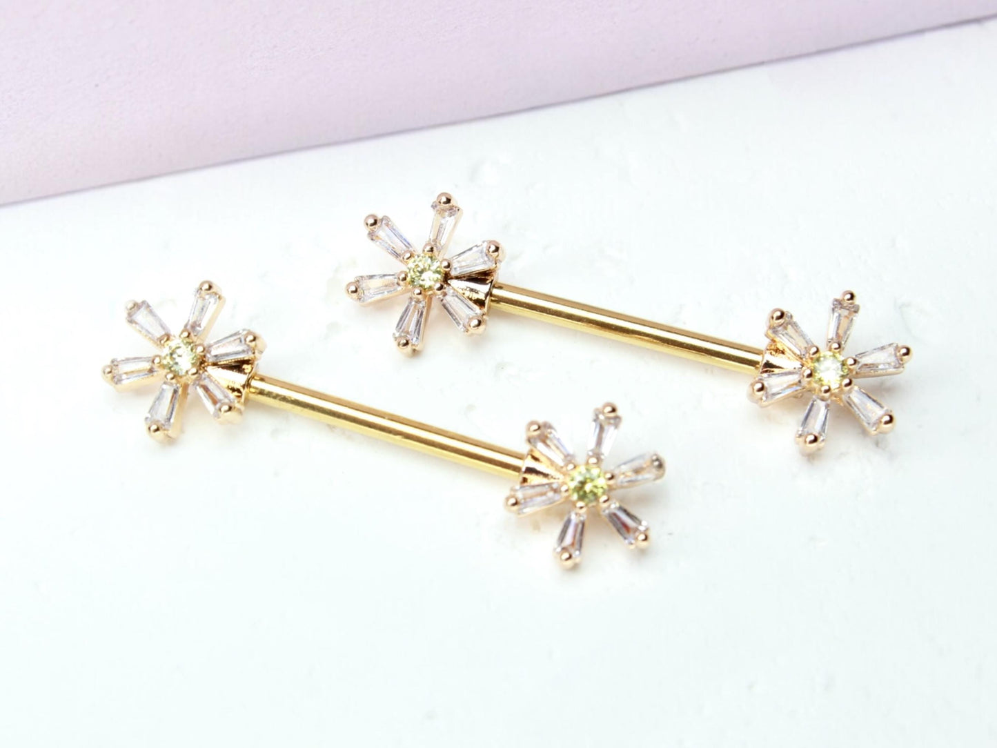 Gold Daisy Nipple Barbell, 14G Dainty Floral Nipple Ring, Set of 2 Baguette Nipple Piercing Body Jewelry