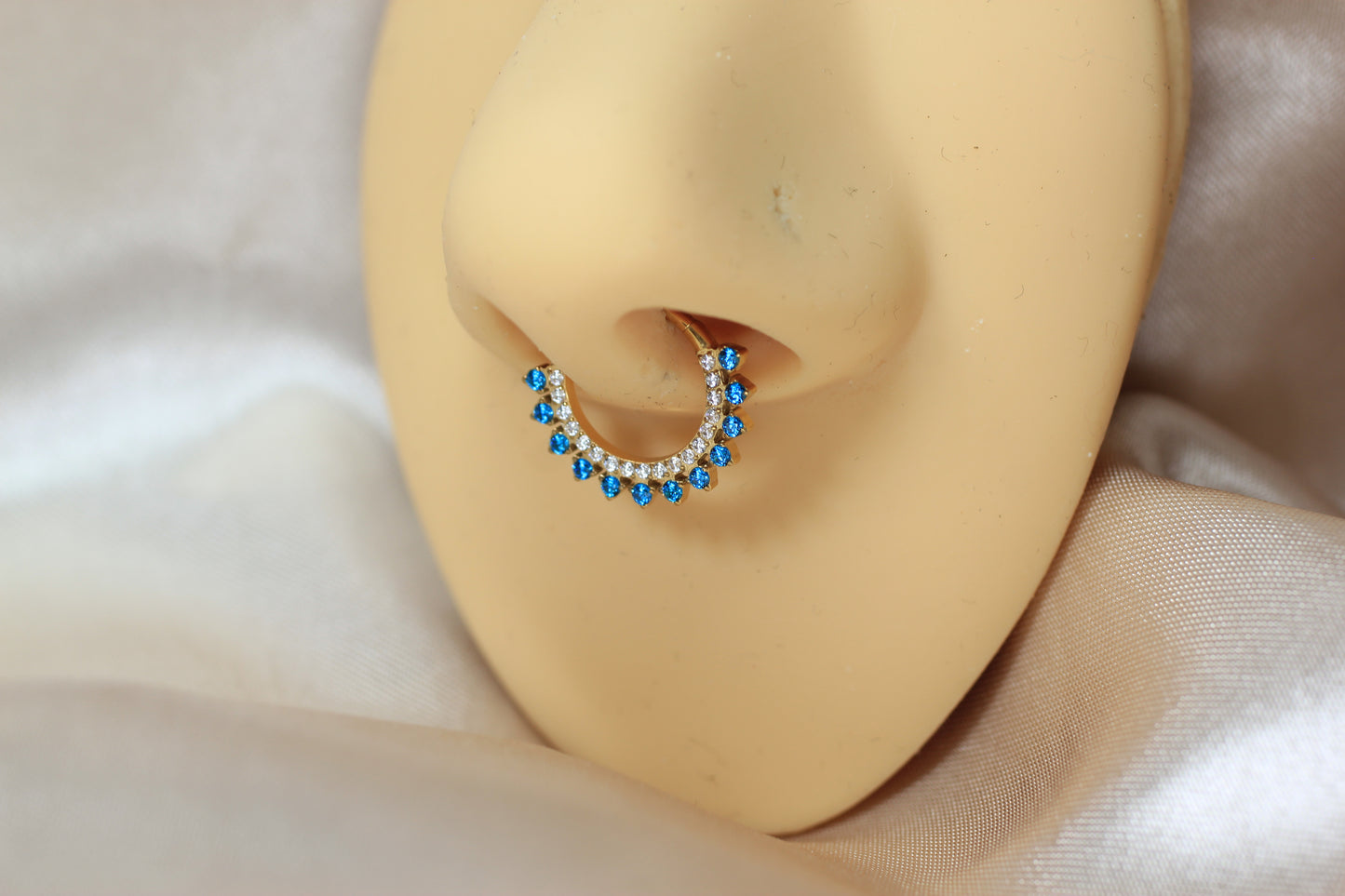 Dainty Blue Topaz Sparkling Titanium Septum Clicker Ring.