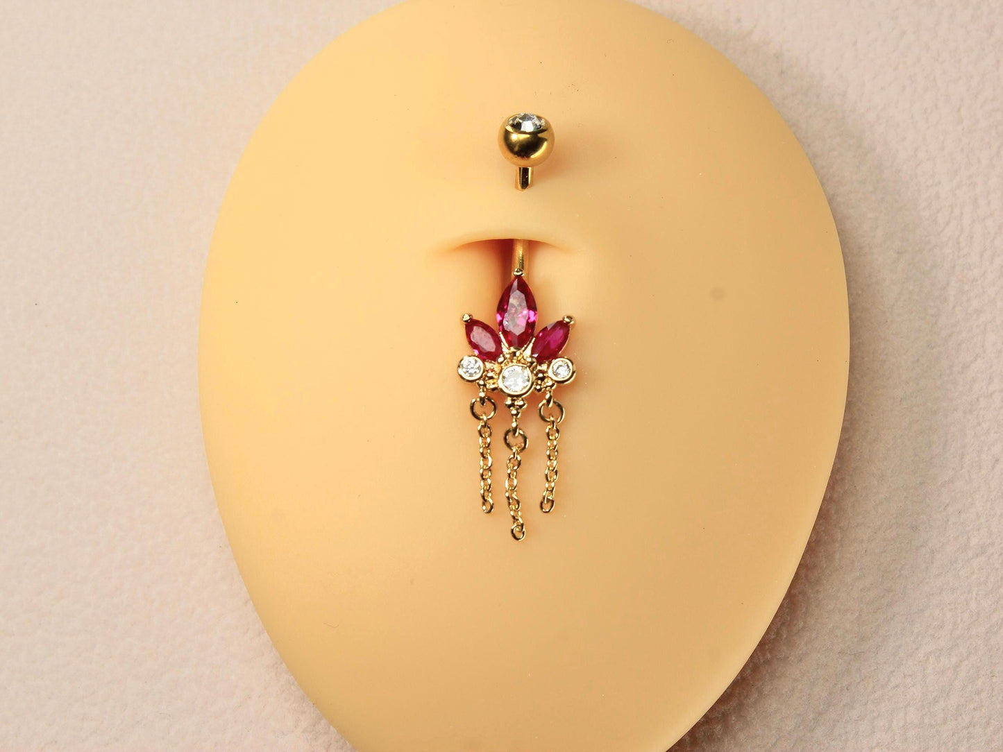 Floral Dangling Belly Button Ring, 14g Dainty Petal Chain Decor Pink Marquise Gemstone Belly Ring Piercing Jewelry, Gold Navel Piercing