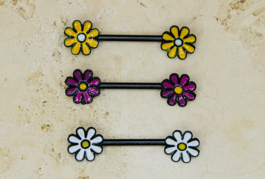 Flower Nipple Ring, Pink Yellow White Floral Decorative End Nipple Piercing Barbell Jewelry, 14g Nipple Barbell Body Piercing Jewelry