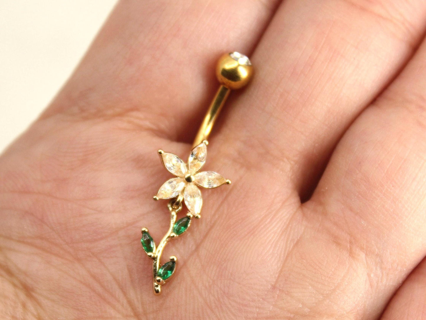 14G Gold Floral Leaf Belly Button Ring, Marquise Flower Petal Belly Ring Piercing , Gold Silver Dainty Navel Piercing, Belly Body Jewelry,