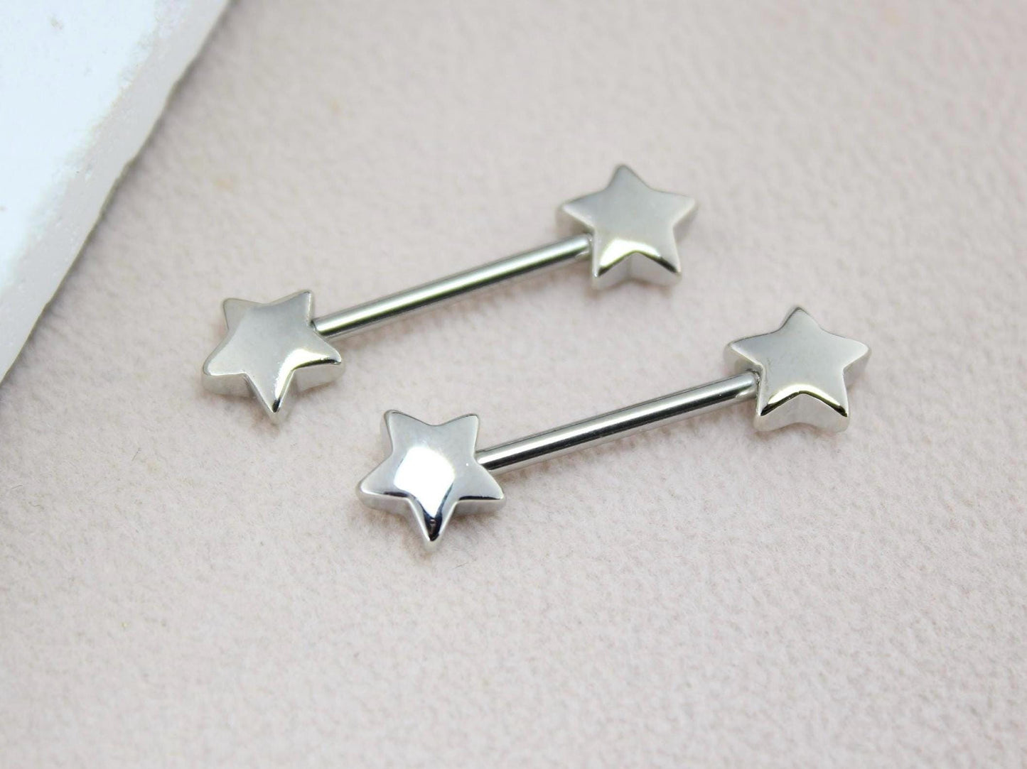14G Silver Nipple Barbell, Star End Nipple Ring Piercing, Hypoallergenic Body Jewelry, Minimalist Nipple Piercing.