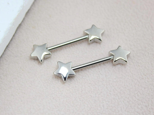 14G Silver Nipple Barbell, Star End Nipple Ring Piercing, Hypoallergenic Body Jewelry, Minimalist Nipple Piercing.