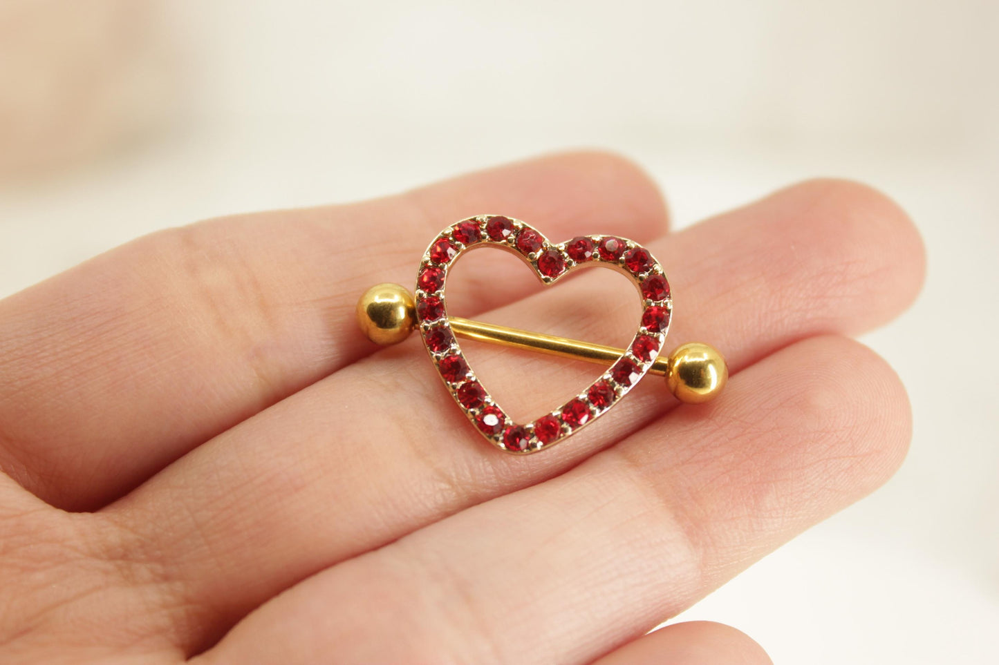 14g Red Heart Nipple Barbell, Gold Red Heart Sparkling Gems Nipple Shield Piercing Jewelry, Nipple Ring Body Piercing Jewelry,Valentine Gift