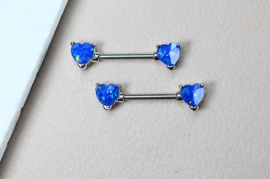Opal Heart Nipple Ring, 14g Blue Glitter Heart Nipple Barbell Piercing Jewelry,  Surgical Steel Body Piercing, Custom Body Jewelry