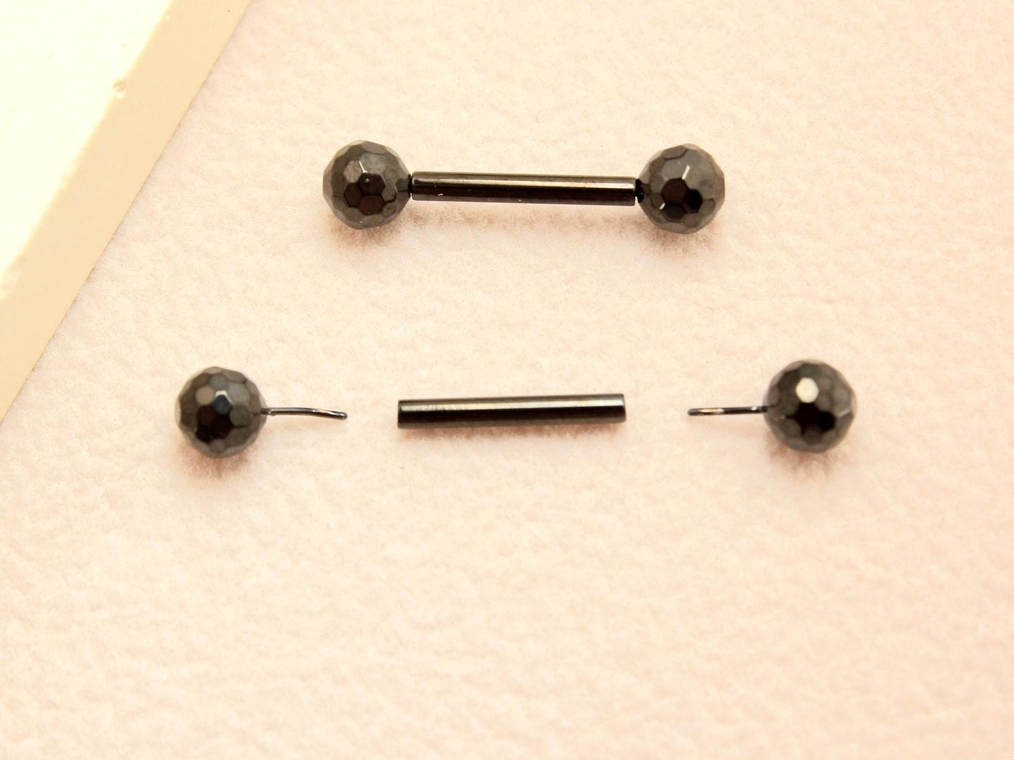Black Titanium Threadless Nipple Barbell – 14G Disco Ball End Push-In Nipple Ring Set, Pair of Nipple Piercing Jewelry.