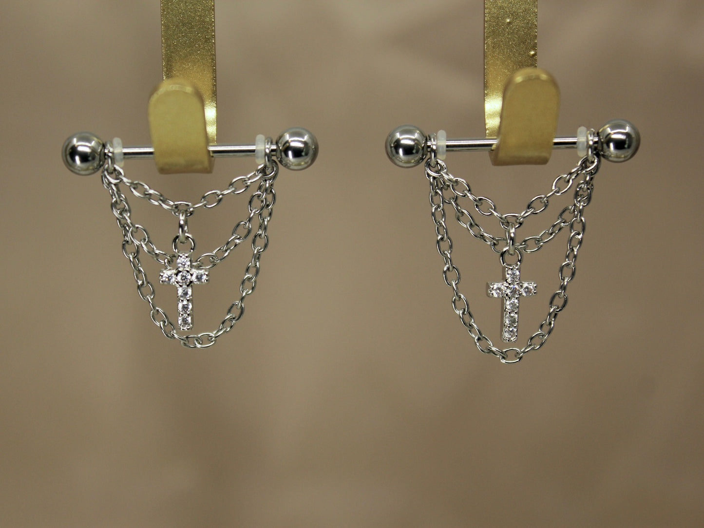 NEW • Silver Dangle Chain Nipple Ring, Cz Cross Dangle Chain Decor Nipple Piercing Barbell, 14g Nipple Ring Body Jewelry, Set of 2 Barbell