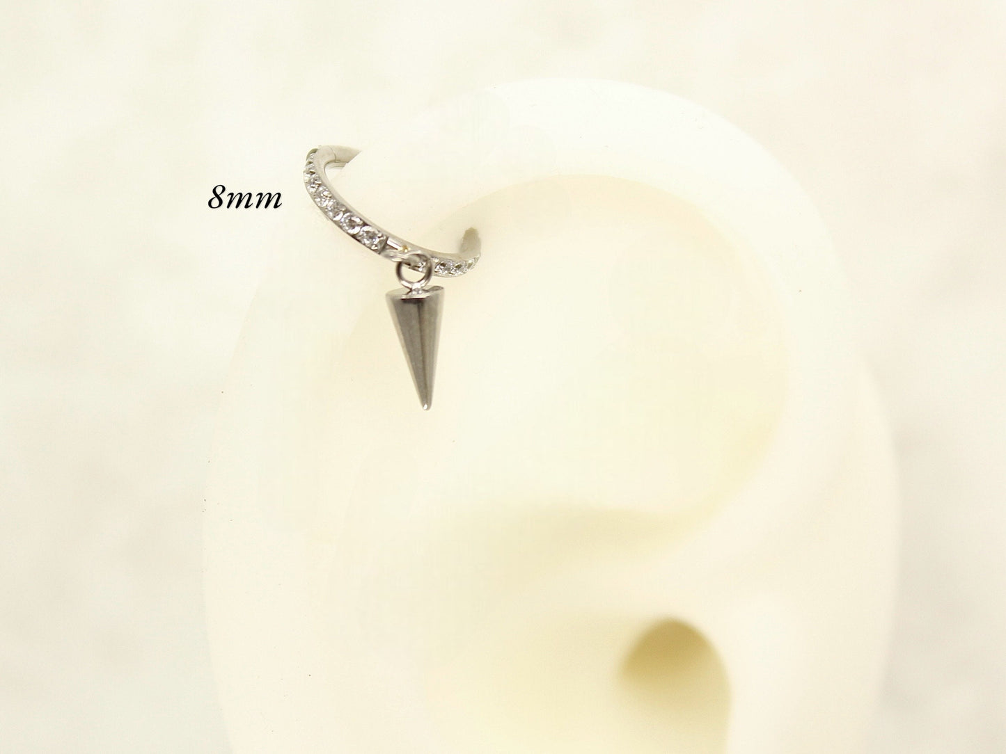 Silver Spike Dangle Hoop Ring, CZ Conch Hoop Clicker Ring, Conch Piercing Hoop Ring, Titanium Septum Daith Cartilage Piercing Earring