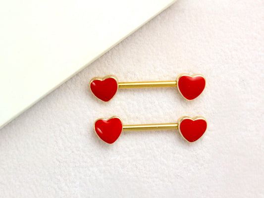 Red Heart Nipple Barbell, 14g Heart End Nipple Ring, Red Nipple Piercing Jewelry, Set of 2 Nipple Barbell Jewelry, Body Jewelry,