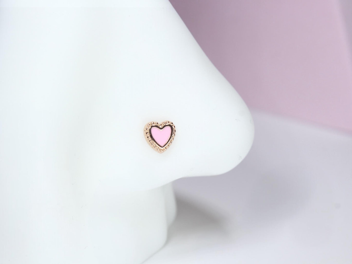 20g Heart Nose Stud, Pink Heart Nose Bone Stud, Ball End Nose Piercing Stud, Thin Nose Stud, Gold Nose Ring, Hypoallergenic Jewelry