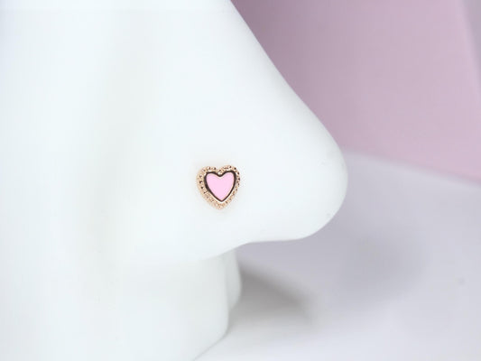 20g Heart Nose Stud, Pink Heart Nose Bone Stud, Ball End Nose Piercing Stud, Thin Nose Stud, Gold Nose Ring, Hypoallergenic Jewelry