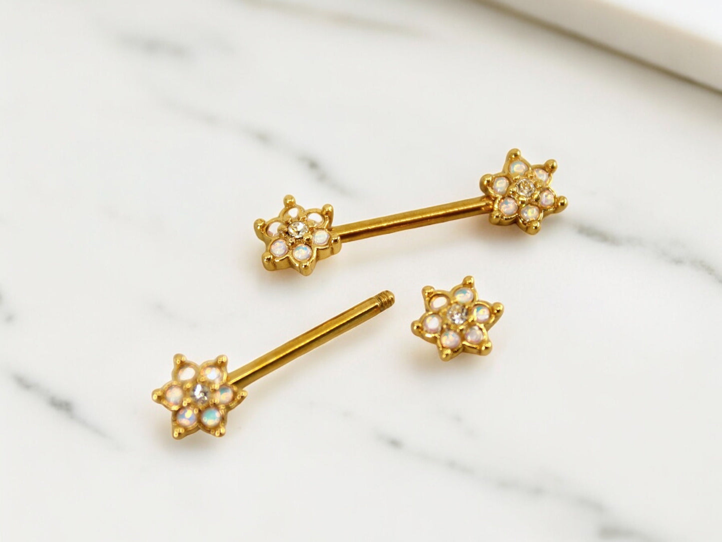 Moonstone Flower Nipple Ring, Floral Decor Moonstone Gem Nipple Piercing Barbell, 14g Gold Nipple Barbell Body Jewelry