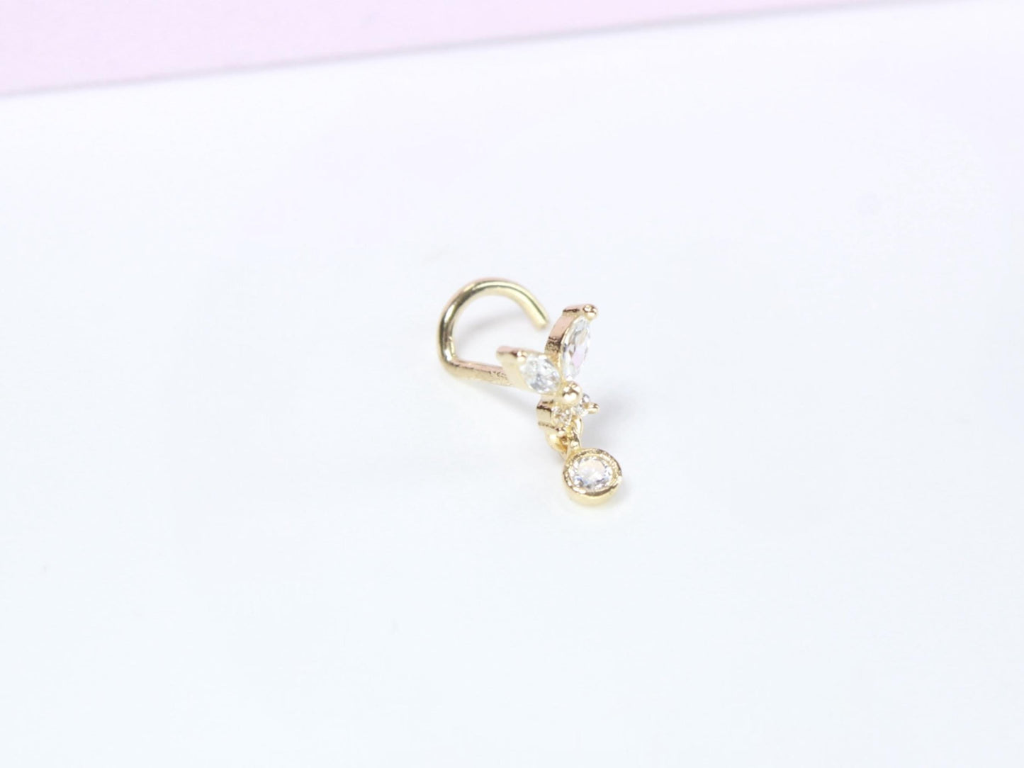 14K Gold Butterfly Nose Stud,20g Dainty Dangling Gem L Shape Corkscrew Nose Stud,Solid Gold Nose Jewelry,L Bend Screw NosePiercing Stud Ring
