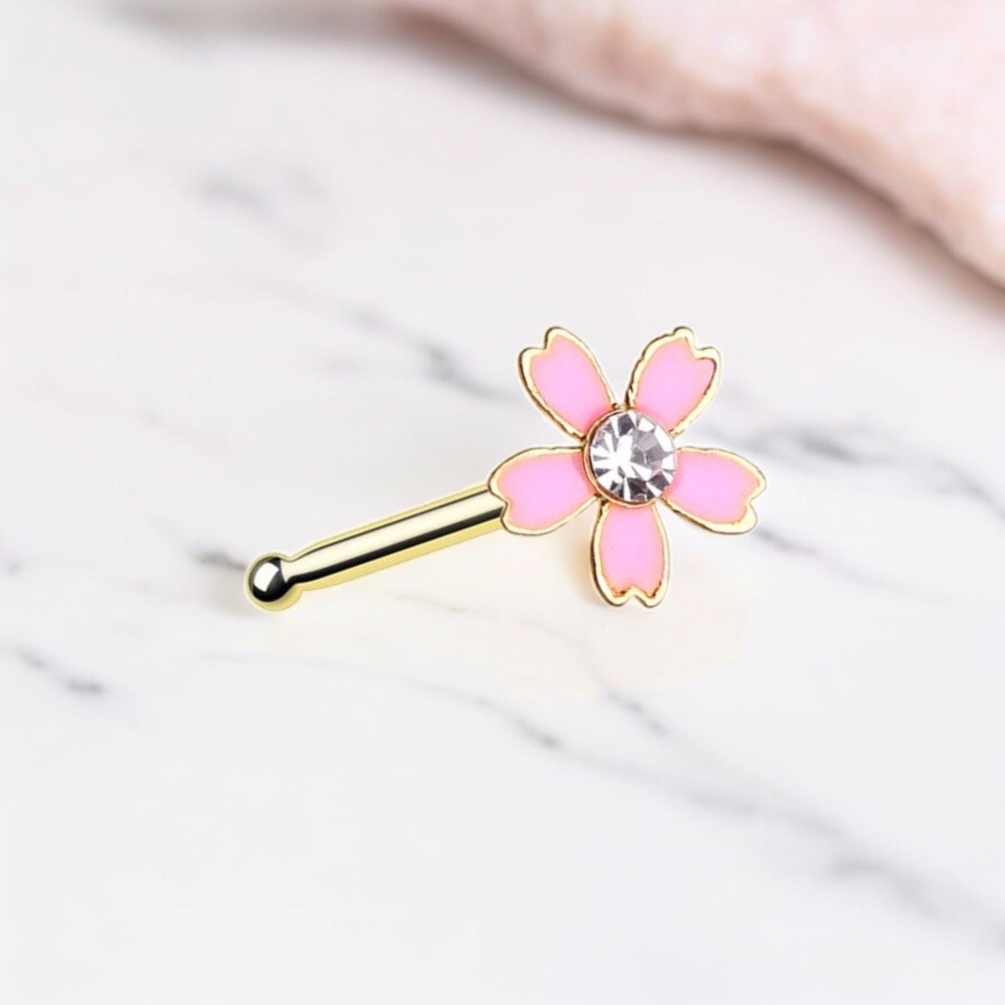 Flower Nose Stud, Pink Floral Decor Top Nose Piercing Stud Ring. Nose Bone Stud, 20g Thin Nose Ring