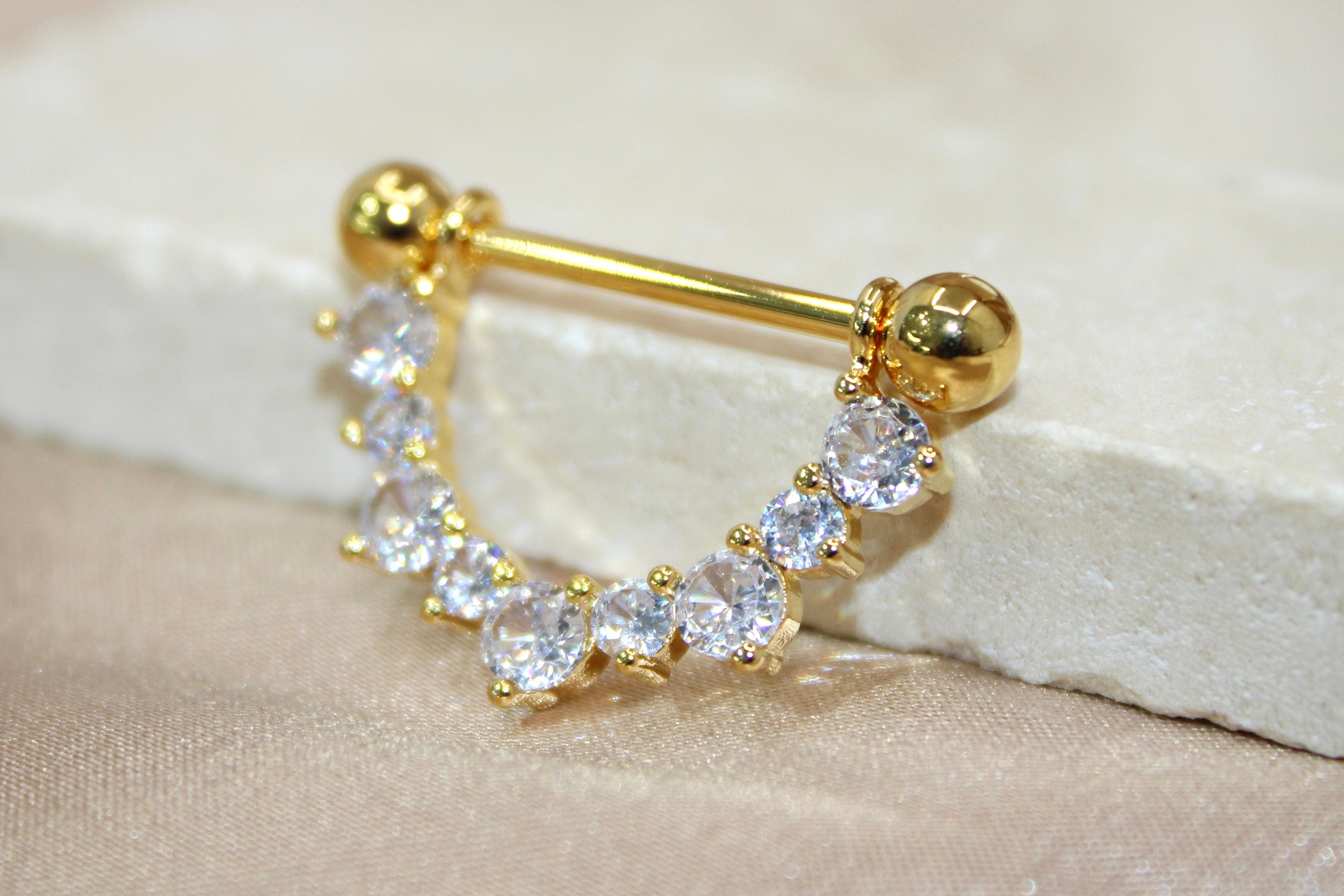 14g Dangle Gem Nipple Ring, Elegant Gem Drop Decor Gold Silver Nipple Piercing Barbell Jewelry