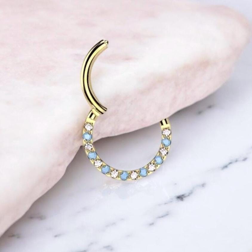 Implant Grade Titanium Gold Blue Gem Septum Clicker, Front Gem Nose Piercing Septum Hoop ring , Turquoise Gem Gold Nose Hoop Ring Jewelry