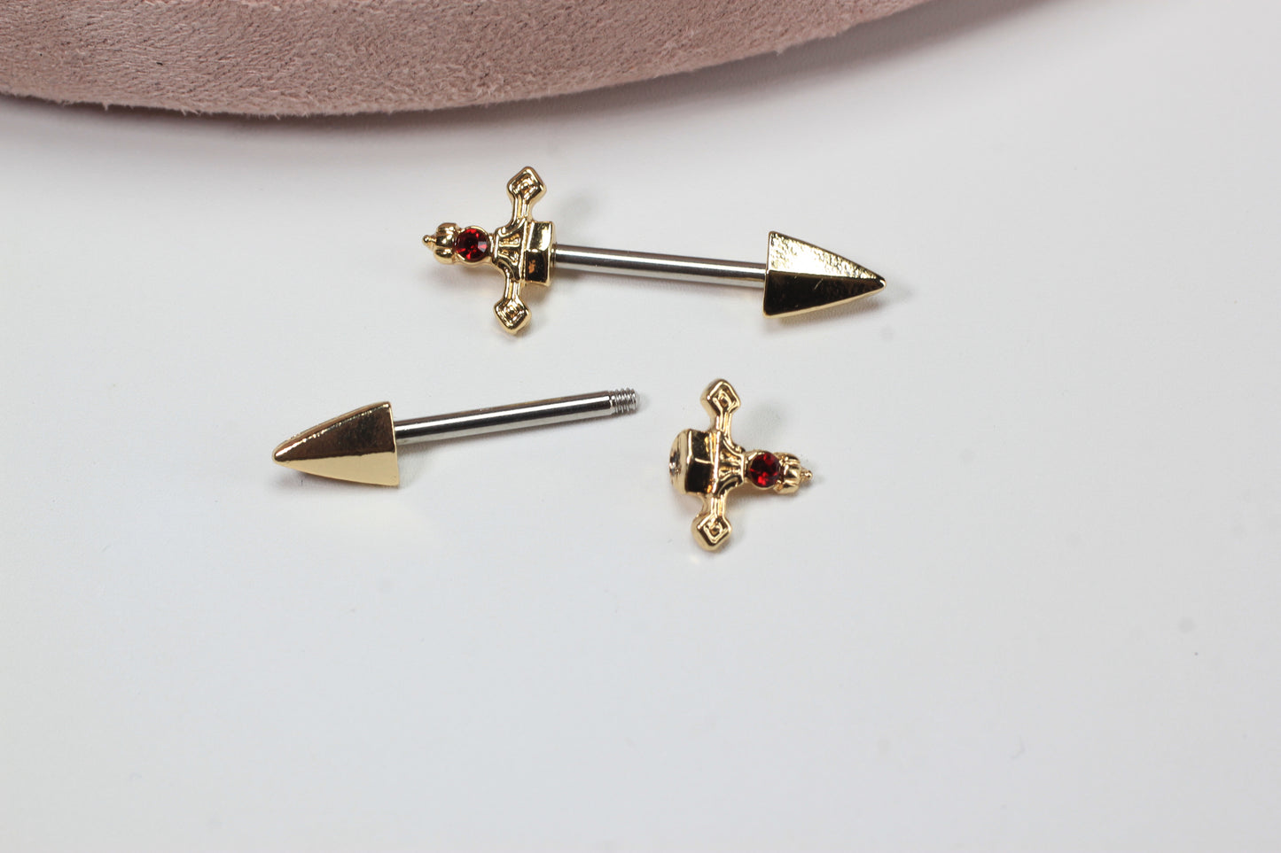 Gold Dagger Nipple Barbell, 14g Dagger Spike End Red Stone Nipple Piercing, Surgical Steel Body Jewelry