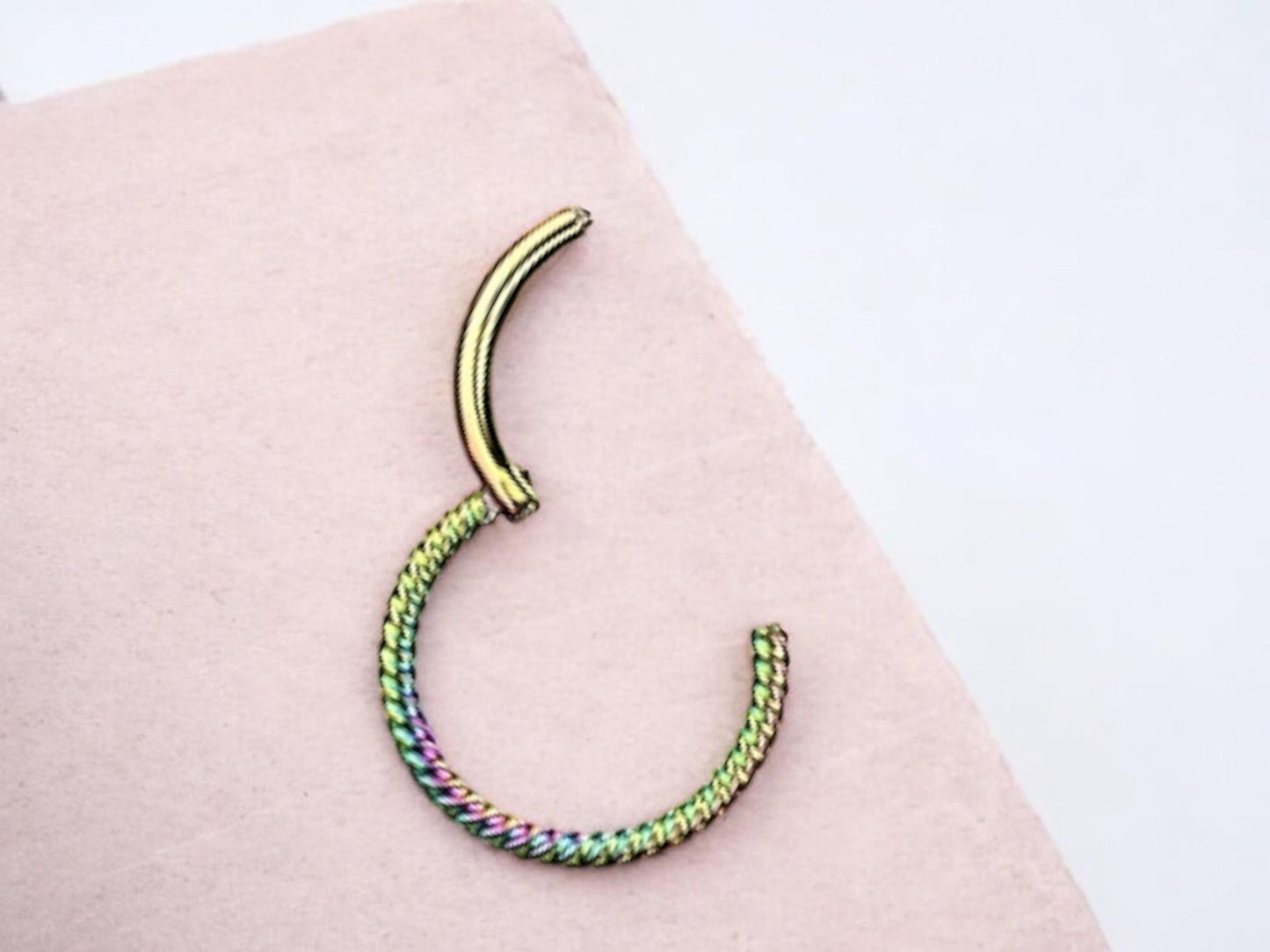 16g Rainbow Septum Hoop Ring, Multicolor Twisted Hinged Hoop Segment Septum Clicker Ring Piercing, Nose Jewelry