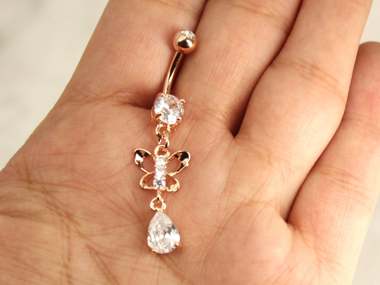 Butterfly Dangling Belly Ring, Teardrop Sparkle Dangling Belly Button Ring Piercing, Navel Piercing Ring Body Jewelry, Gold Belly Jewelry