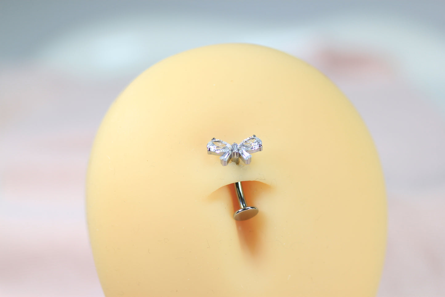 14G Titanium Threadless Belly Button Ring –Silver Bow CZ Navel Piercing, Push In Belly Ring, Dainty Minimalist Body Jewelry