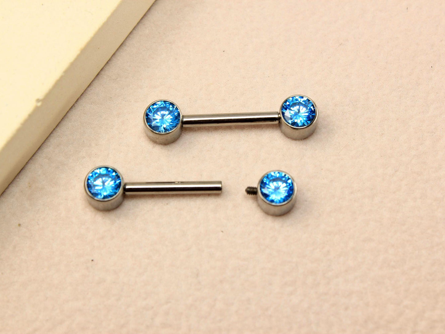 14g Titanium Nipple Barbell, Internally Threaded Bezel Set Nipple Piercing Ring, Set of 2 Body Piercing Jewelry