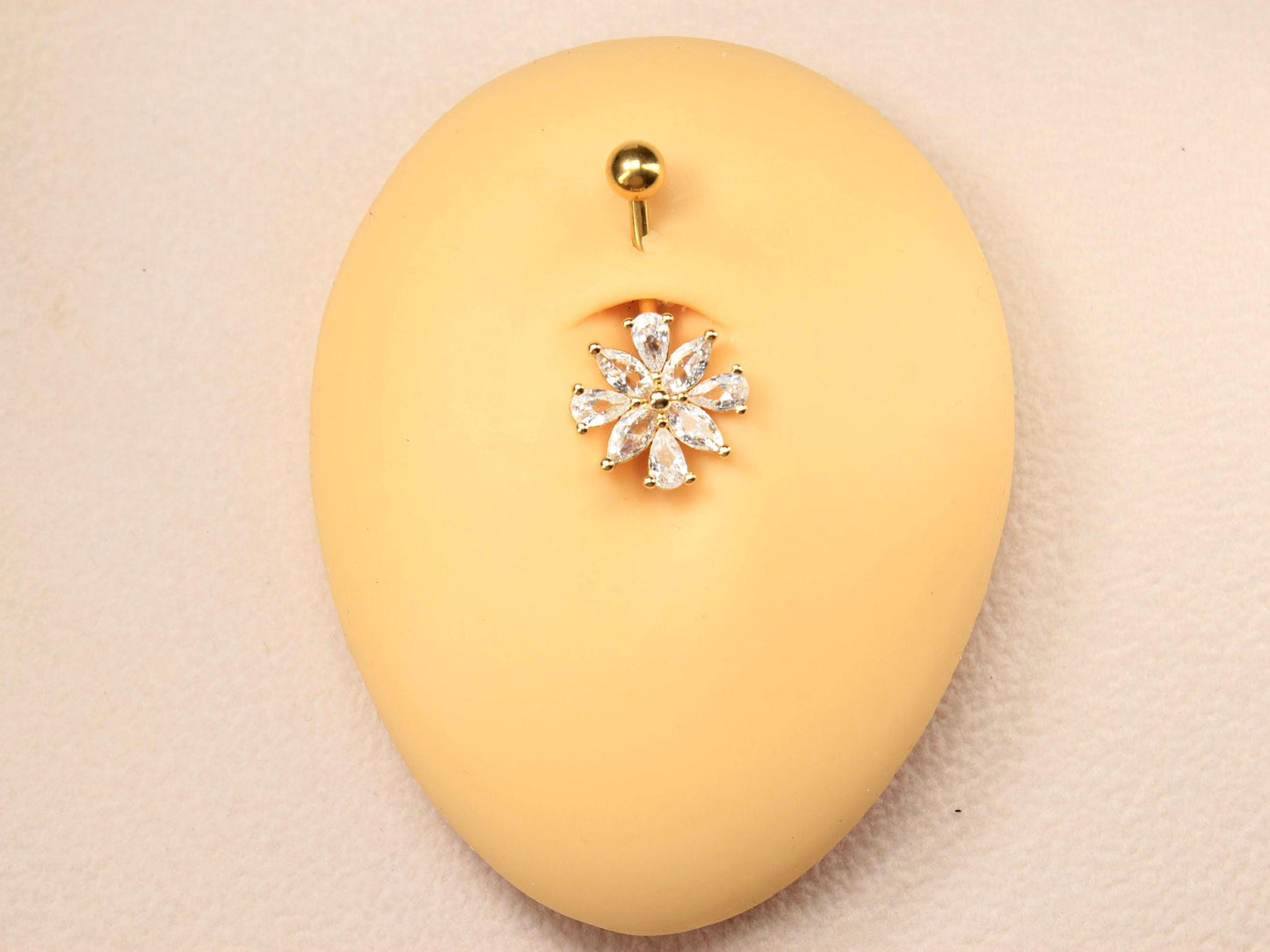 14G Gold CZ Floral Belly Button Ring – Minimalist Flower Navel Piercing
