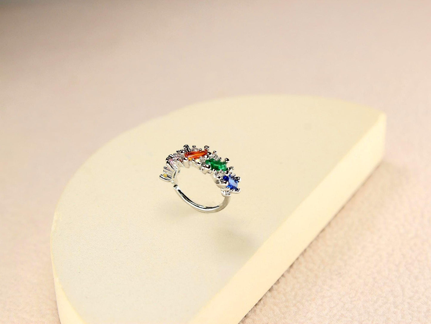 20g Nose Hoop Ring, Silver Baguette Gem Bendable Nose Ring, Multicolor Nose Piercing Jewelry, Body Jewelry