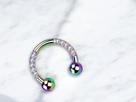 Titanium Horseshoe Rainbow Septum Ring with CZ Crystals, 16g Front Facing Gems Septum Ring, Multicolor Hinged Septum Clicker,
