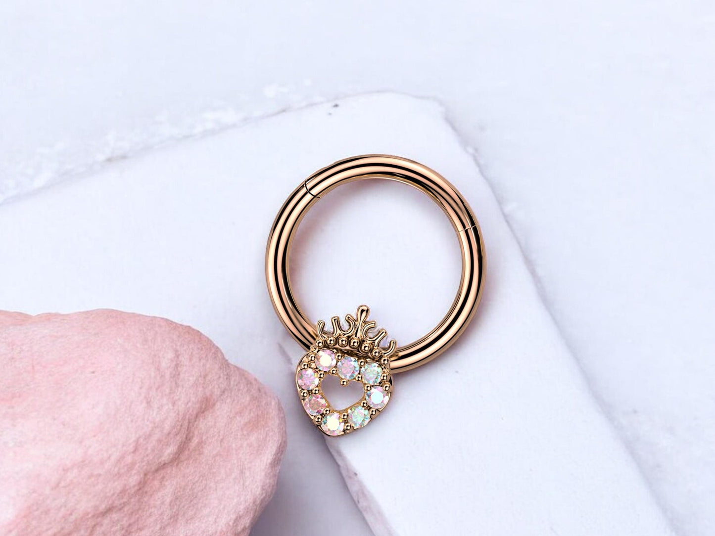 16g RoseGold Heart Septum Clicker Ring Hoop. Dainty Pink Sparkling Gems Crown Heart Front Facing Septum Piercing Ring Jewelry, Nose Jewelry