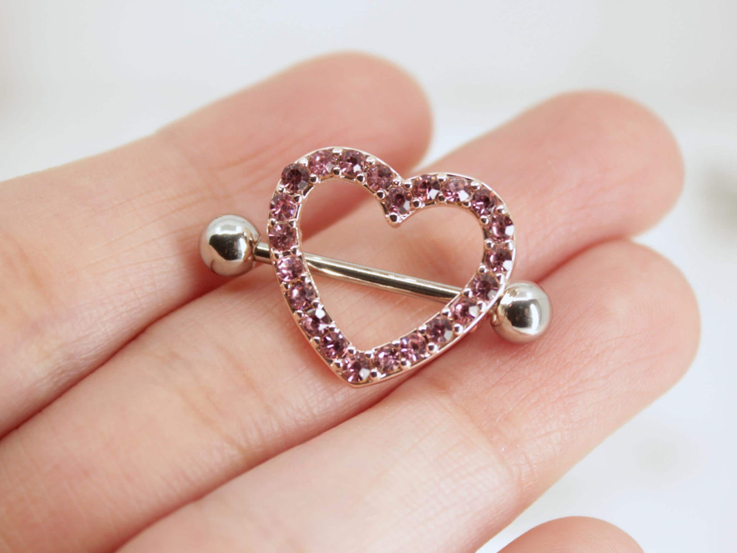 14g Pink Heart Nipple Barbell, Sparkling Gems RoseGold  Heart Nipple Shield Piercing Jewelry,  Set of 2 Nipple Ring Body Piercing Jewelry.