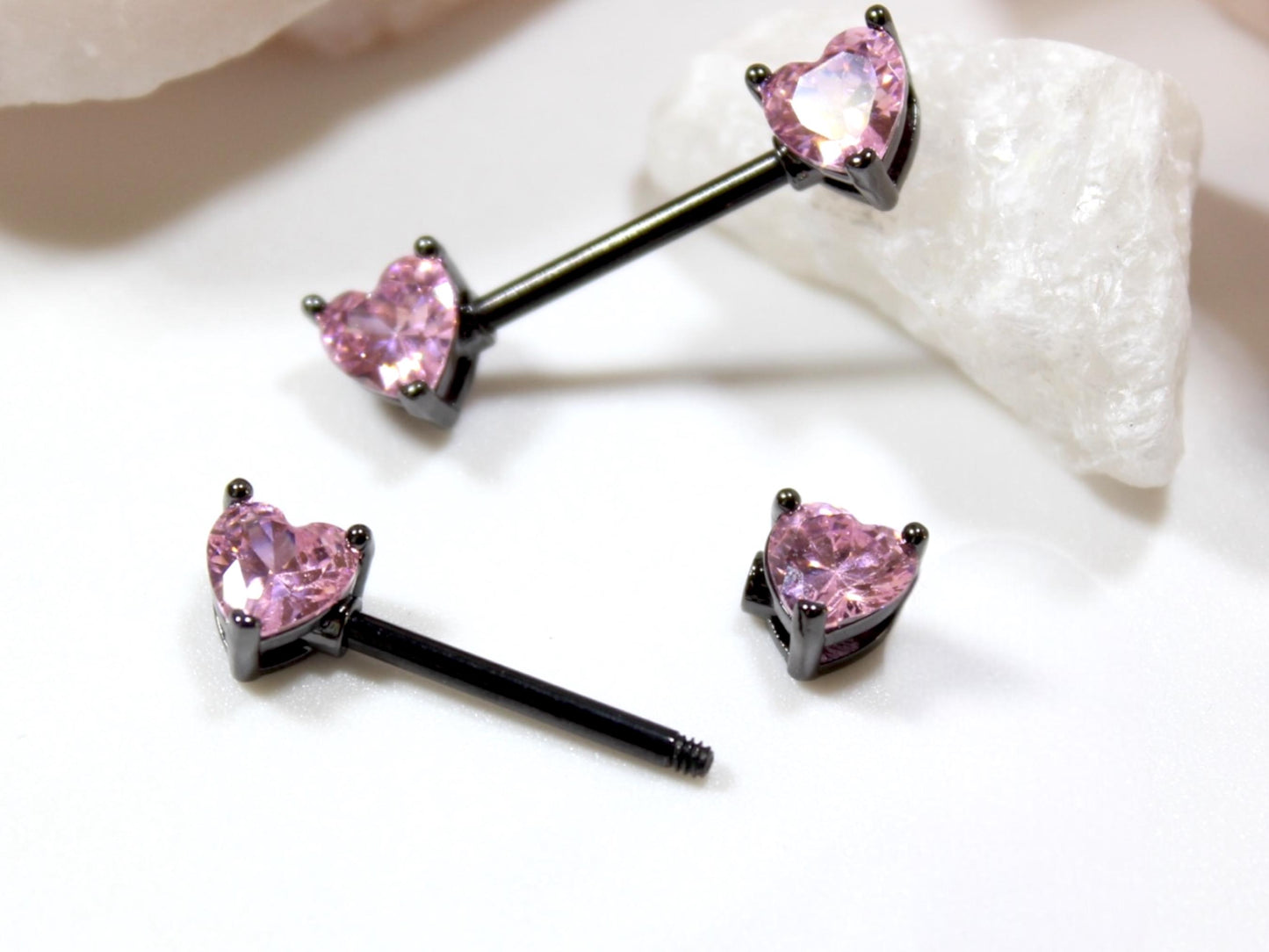 14g Heart Nipple Ring, Pink Heart Black Nipple Piercing Barbell, Personalized Body Piercing Jewelry Set of 2 Nipple Jewelry