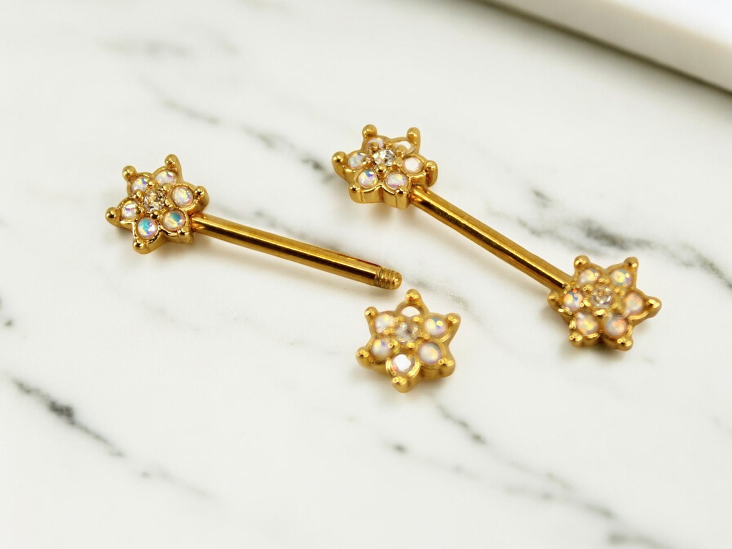 Moonstone Flower Nipple Ring, Floral Decor Moonstone Gem Nipple Piercing Barbell, 14g Gold Nipple Barbell Body Jewelry