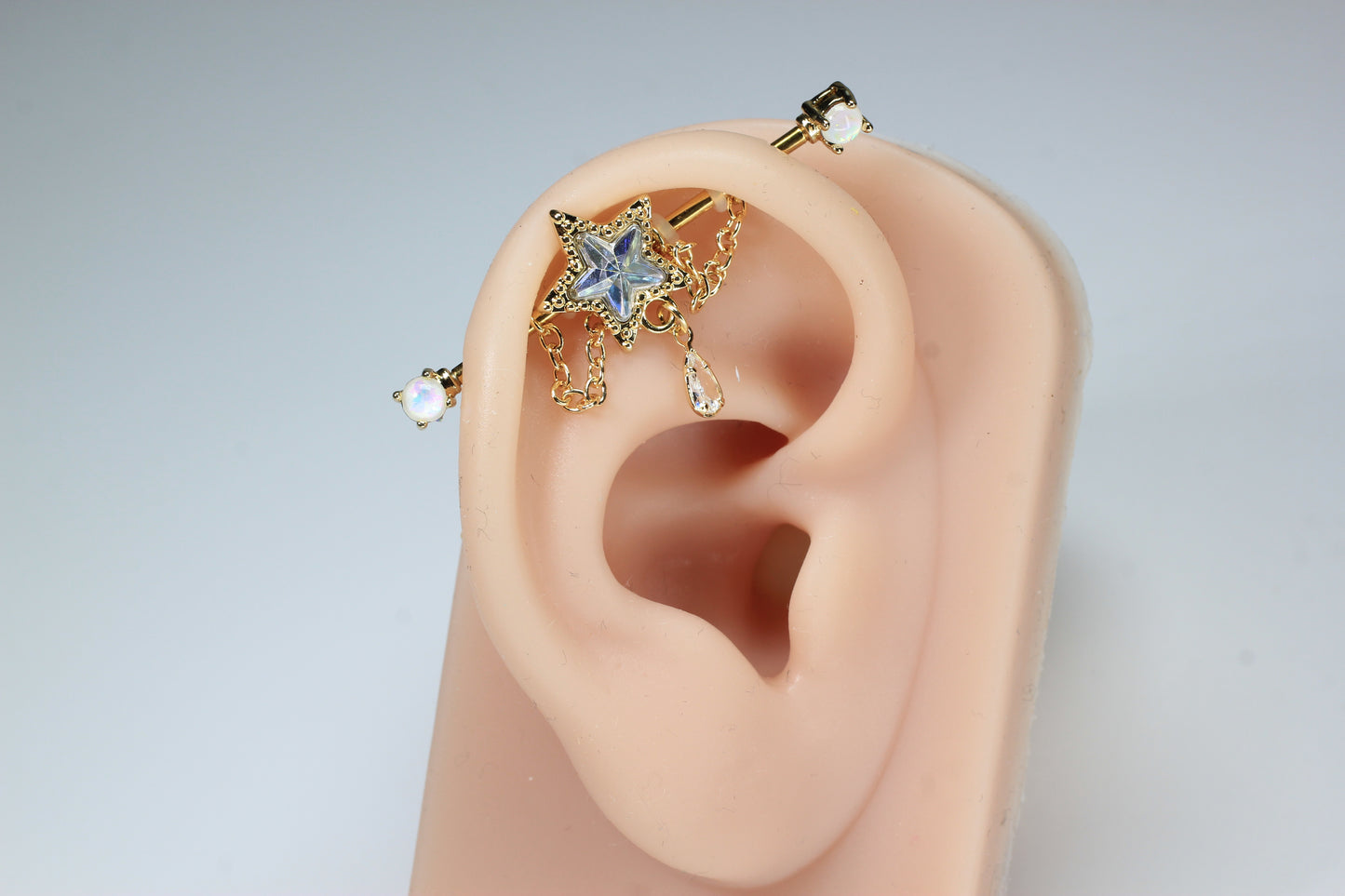 14G Gold Star Industrial Barbell with Chain, Dainty Dangling Star Industrial Piercing, 35mm Cartilage Scaffold Barbell Jewelry