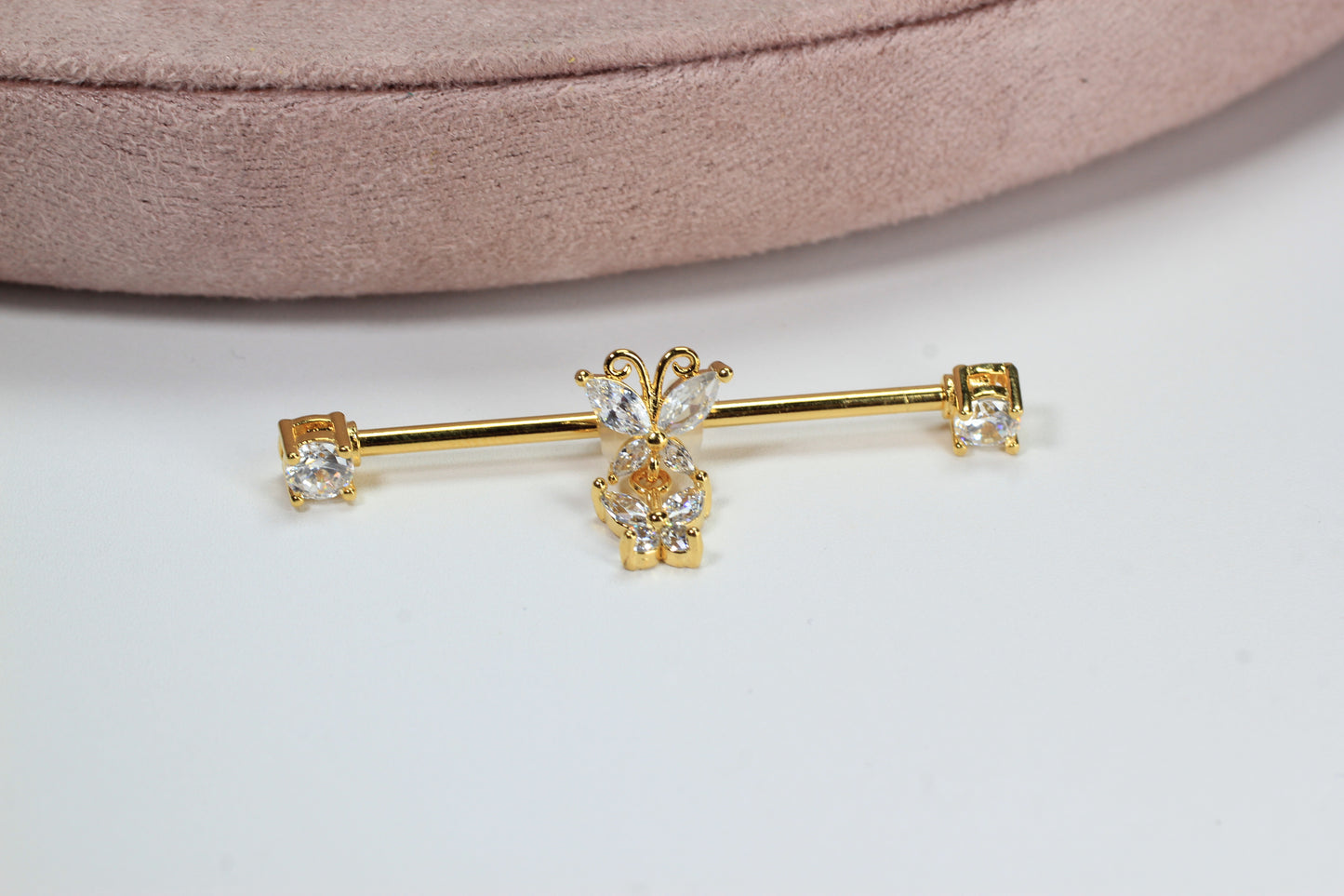 Dangling Gold Butterfly Industrial Barbell.