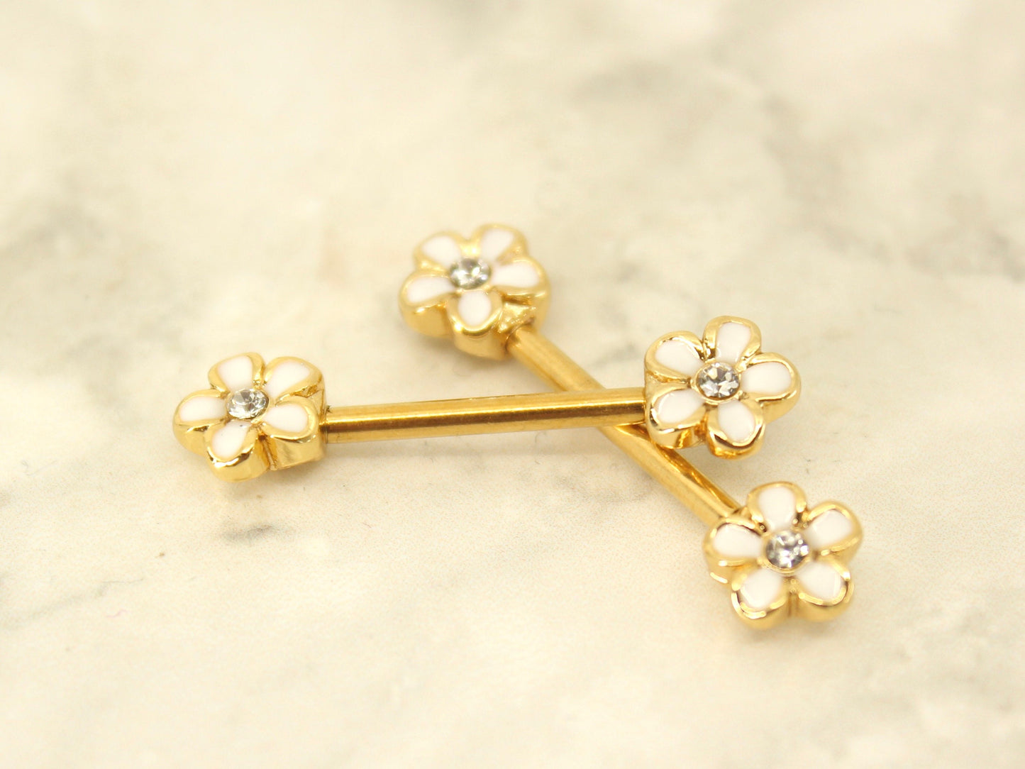 Daisy Nipple Ring, White Daisy Floral Decor Nipple Piercing Ring, 14g Gold Nipple Piercing Jewelry Barbell