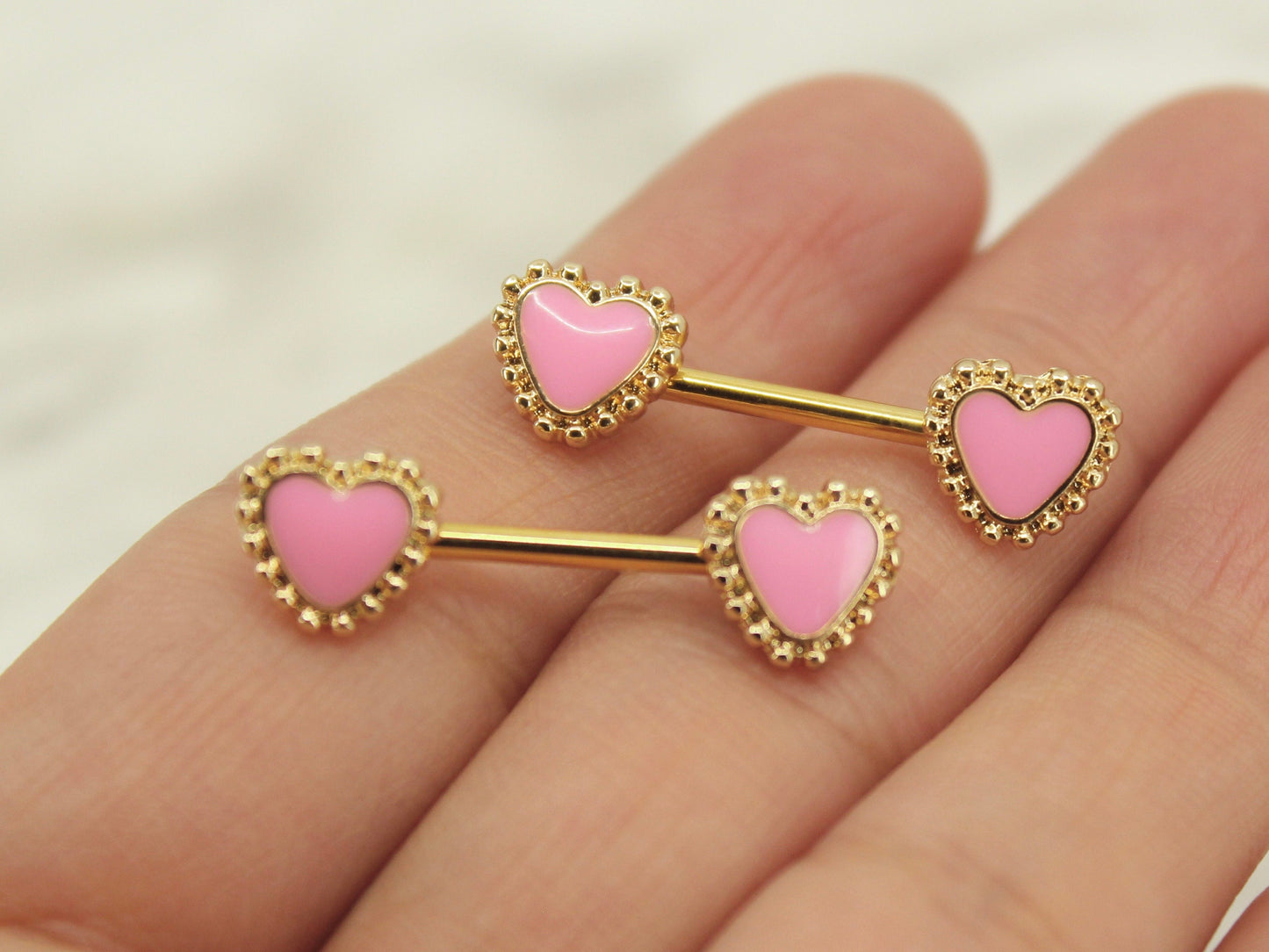 NEW • Pink Heart Nipple Barbell, 14g Gold Pink heart Nipple Ring Jewelry, Body Piercing Jewelry, Set of 2 Nipple Jewelry