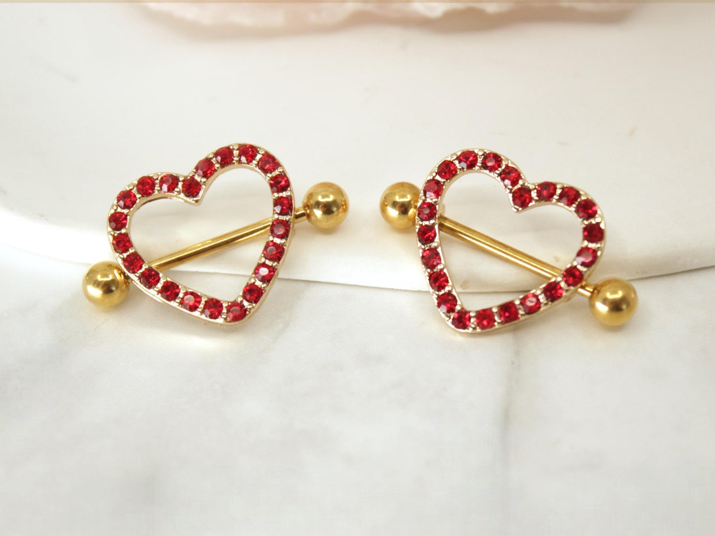 14g Red Heart Nipple Barbell, Gold Red Heart Sparkling Gems Nipple Shield Piercing Jewelry, Nipple Ring Body Piercing Jewelry,Valentine Gift