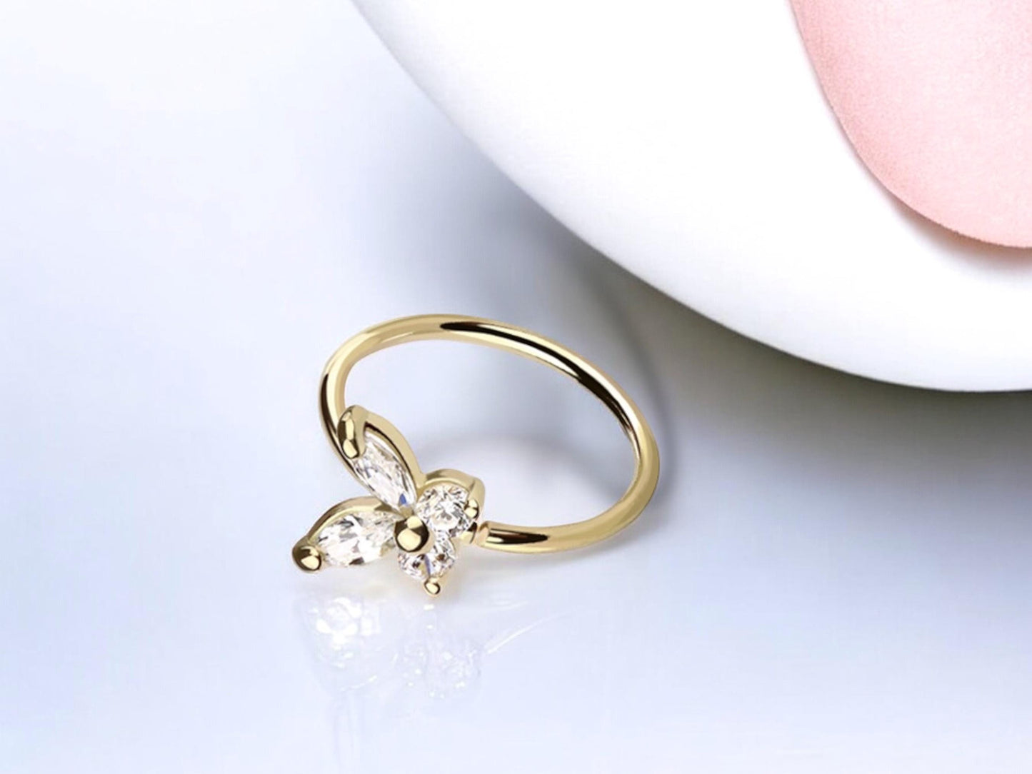 14K Gold Butterfly Nose Ring, 20g Dainty Crystal Butterfly Nose Hoop Ring Jewelry, Bendable Nose Piercing Jewelry, Solid Gold Jewelry,