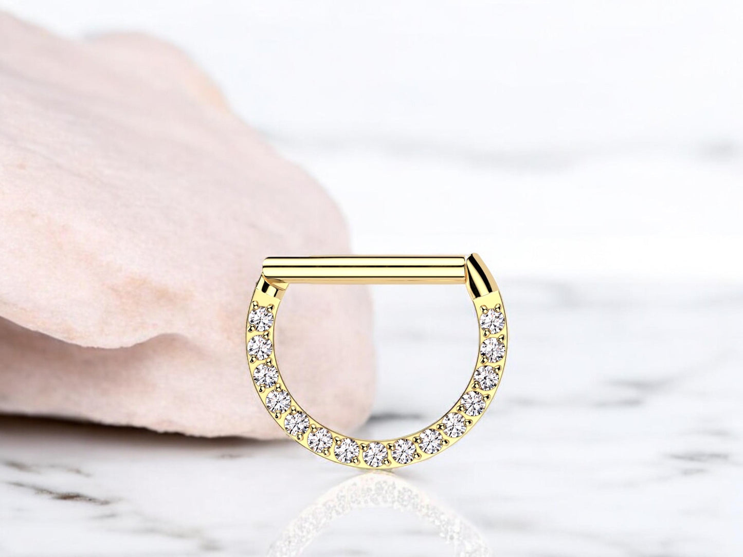 16g Dainty Titanium Gold Septum Hoop Ring, Single line Gems Minimal Look Septum Clicker Ring.