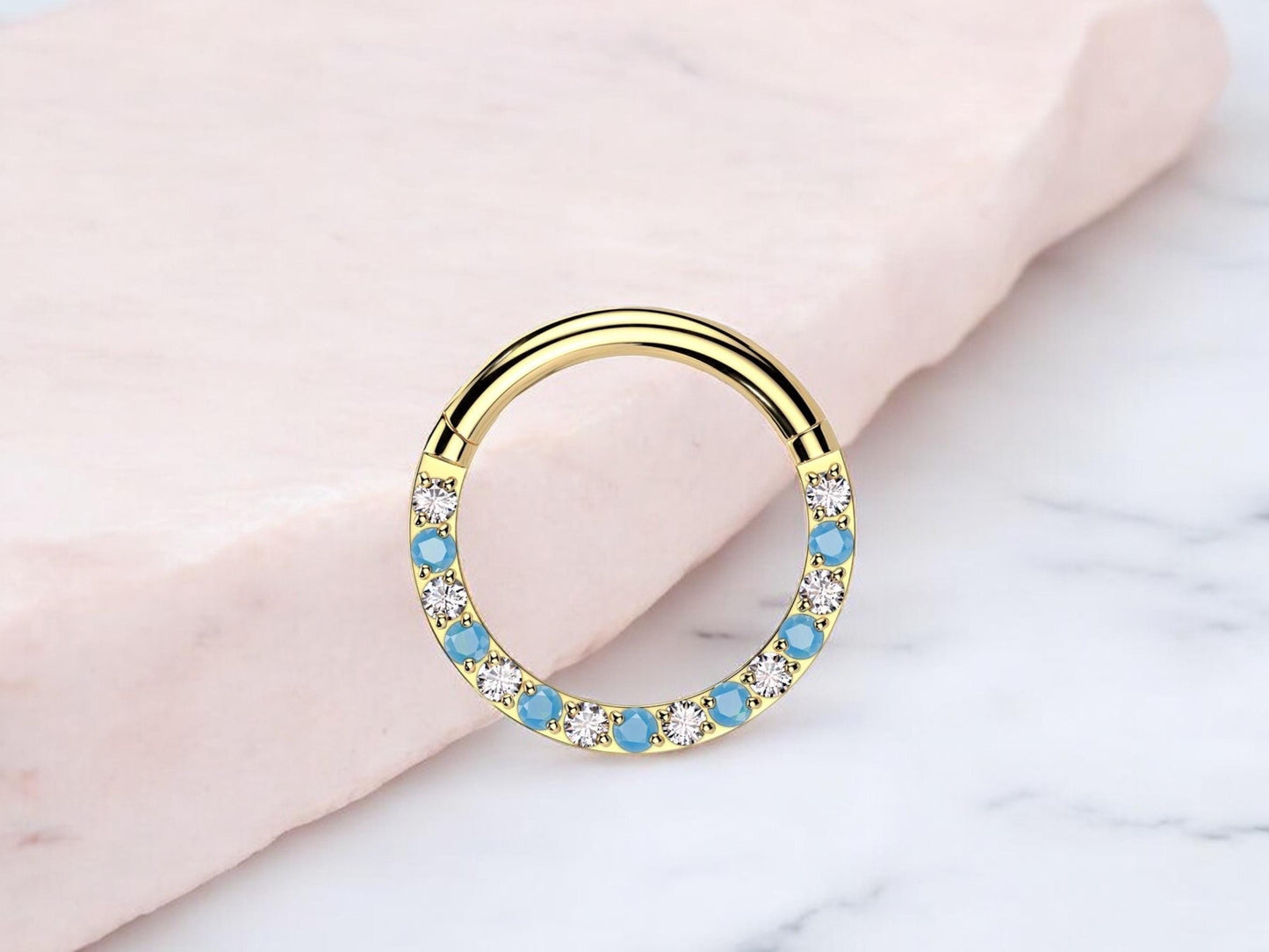 Implant Grade Titanium Gold Blue Gem Septum Clicker, Front Gem Nose Piercing Septum Hoop ring , Turquoise Gem Gold Nose Hoop Ring Jewelry