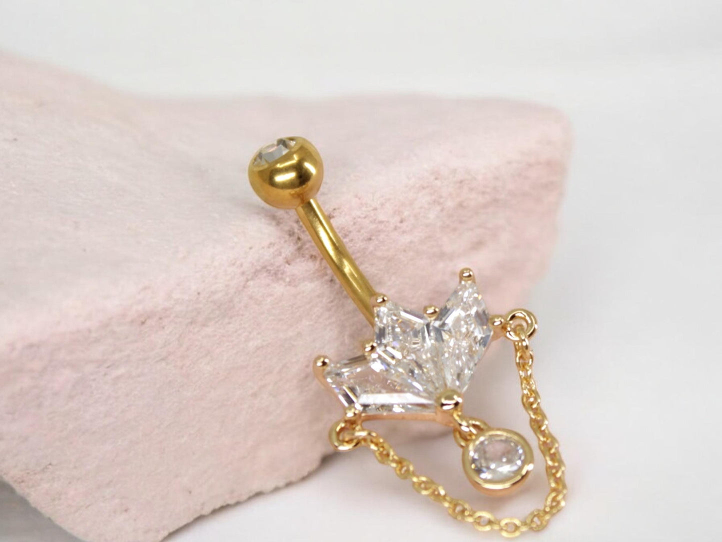 14g Gold Belly Button Ring, Marquise Gem Petal Decor Chain Charm Belly Button Piercing Jewelry, Gold Dangling Navel Bar Body Jewelry