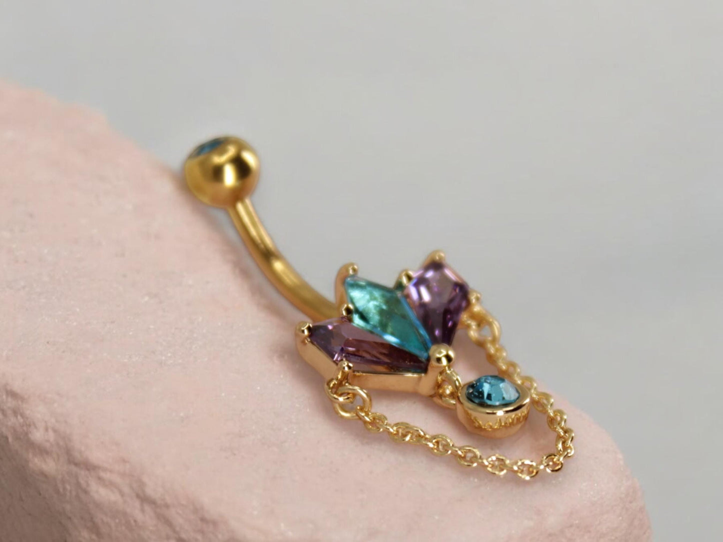 14g Dangling Gold Chain Belly Ring, Multicolor Marquise Gem Decor Charm Belly Button Piercing Jewelry, Gold Dangling Navel Piercing Jewelry