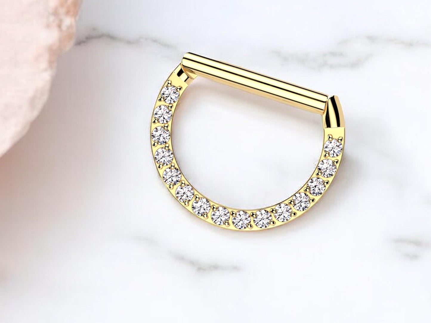 16g Dainty Titanium Gold Septum Hoop Ring, Single line Gems Minimal Look Septum Clicker Ring.