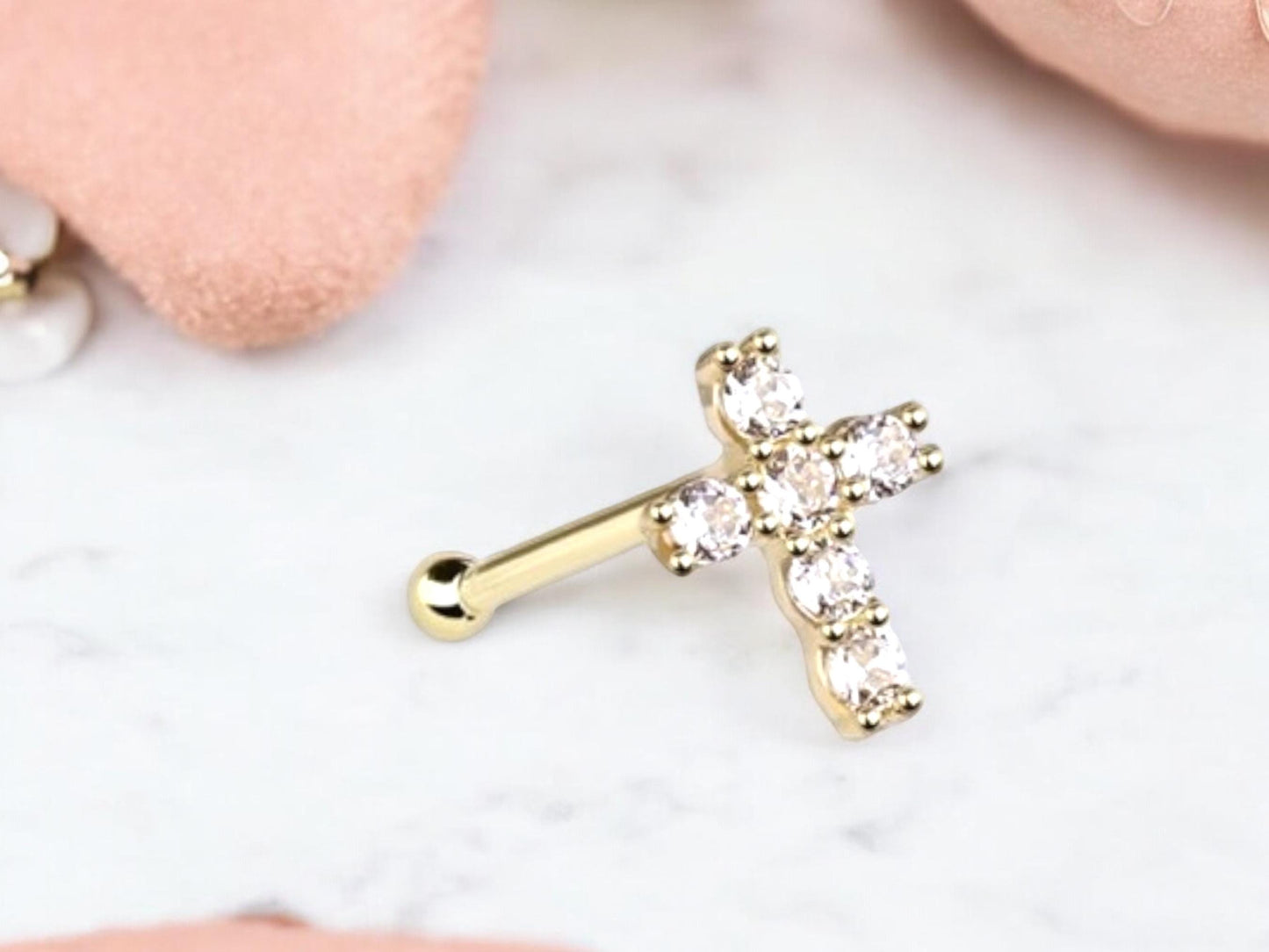 14K Gold Cross Nose Stud, Sparkle Gem Cross Decor Top Nose Bone Stud, Nose Piercing Stud Jewelry, 20g Gold Nose Stud