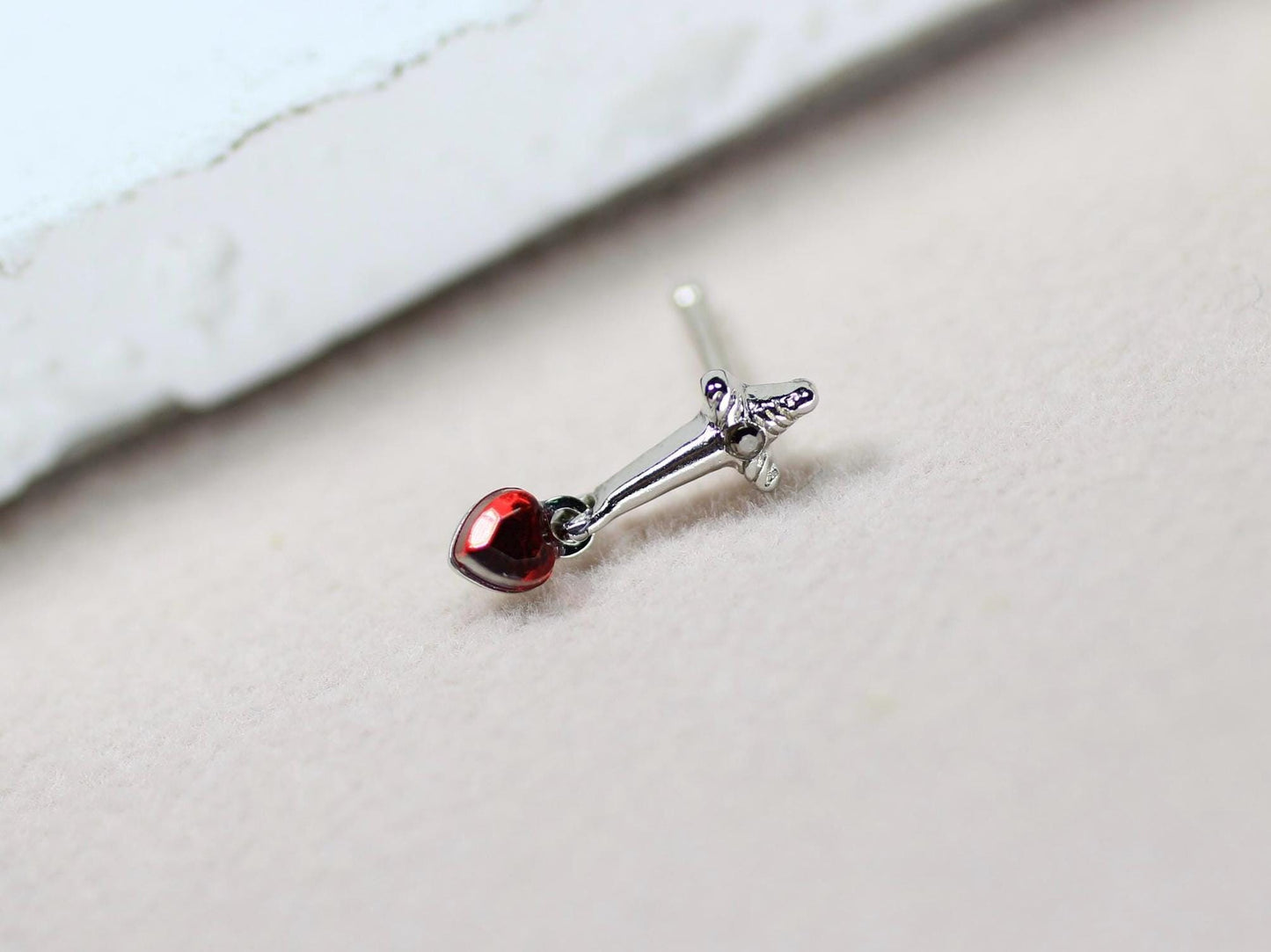 Dagger Nose Stud, 20g Dangling Heart Dagger Nose Bone Stud, Thin Nose Piercing, Ball End Nose Piercing, Surgical Steel Body Jewelry