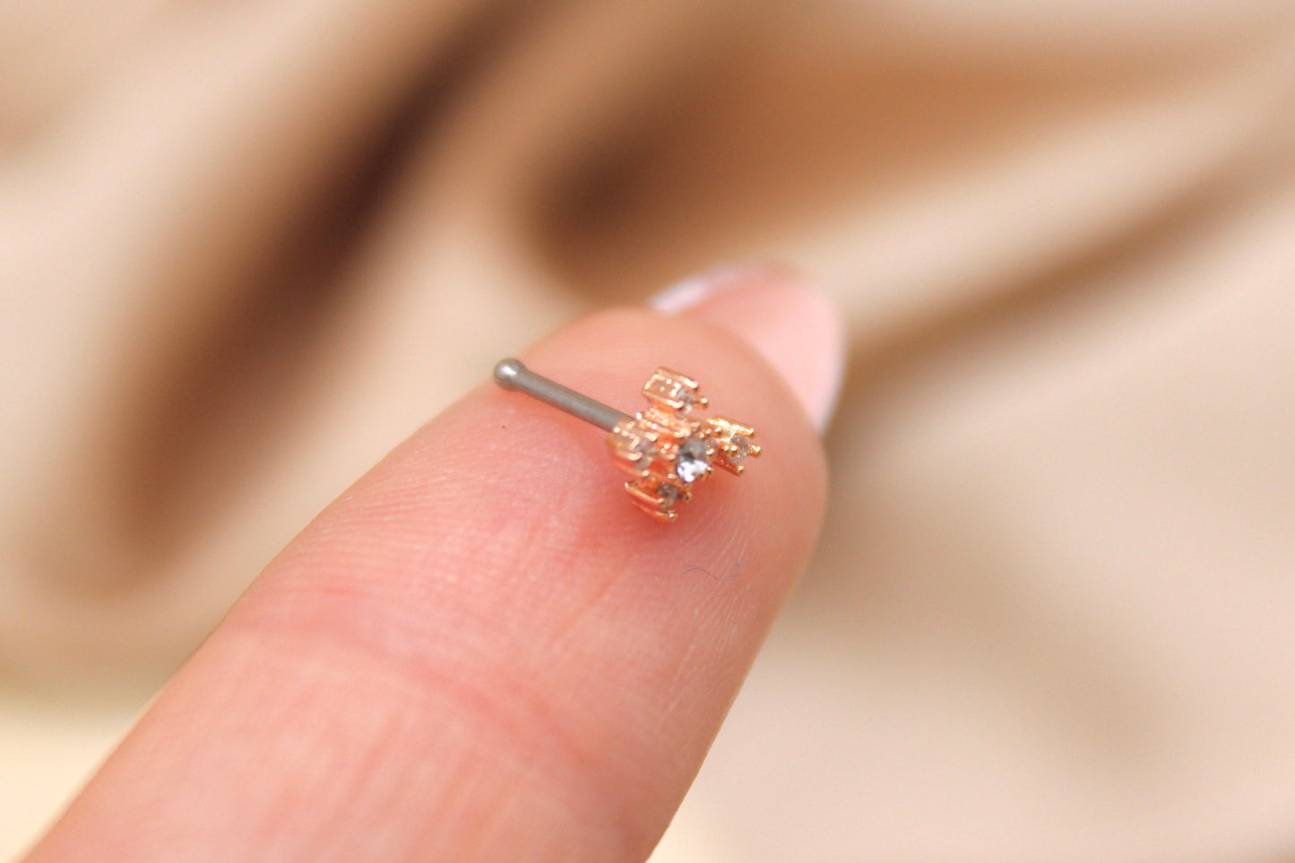 Rose Gold Cross Nose Stud, 20g Sparkle Gem Cross Top Nose Piercing Stud Ring, Nose Stud Piercing Jewelry, Nose Bone Stud, Body Jewelry