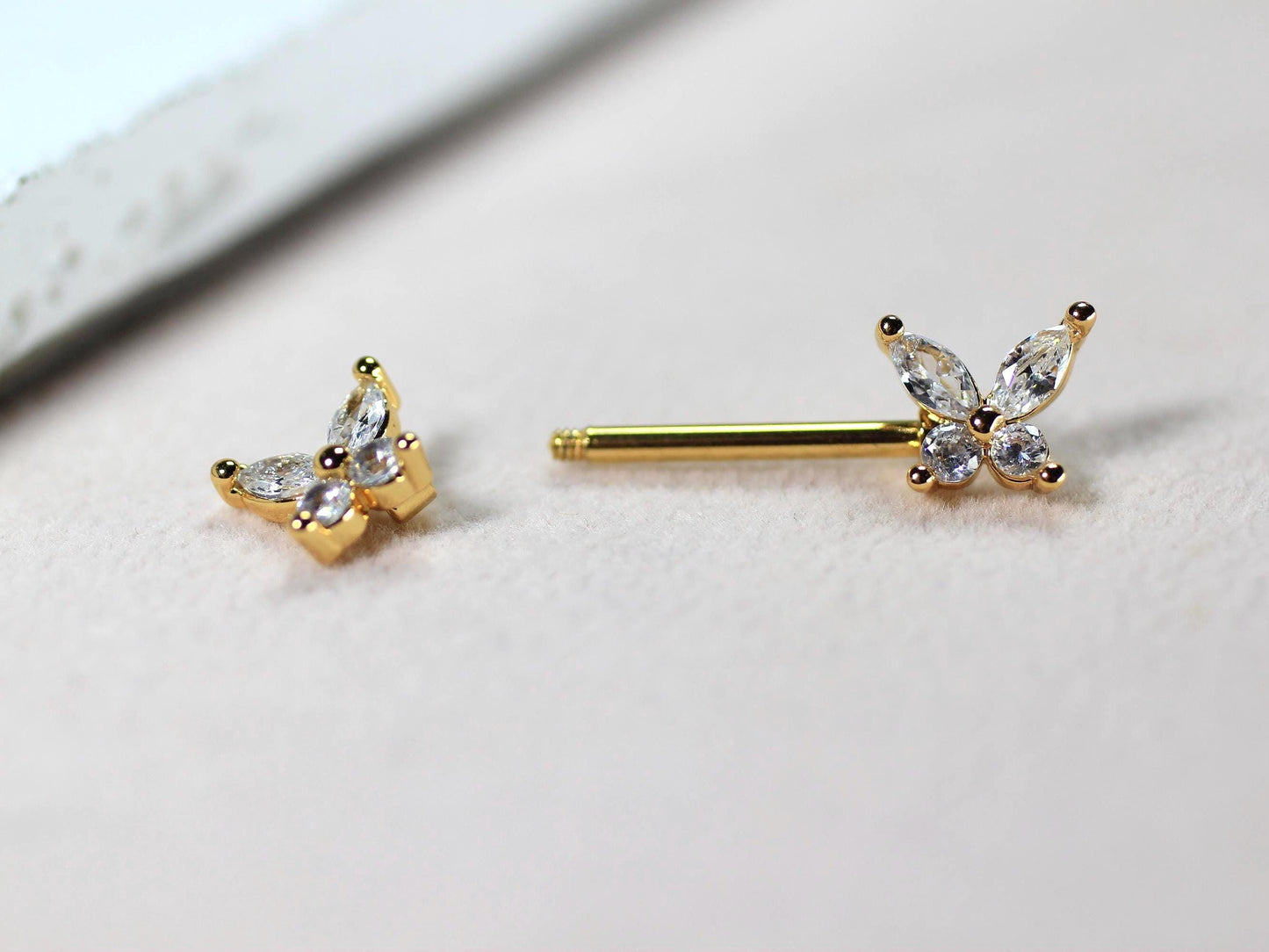 Gold Butterfly Nipple Ring, Marquise Gem Butterfly Nipple Piercing Barbell, 14g Gold Nipple Ring, Surgical Steel Body Jewelry