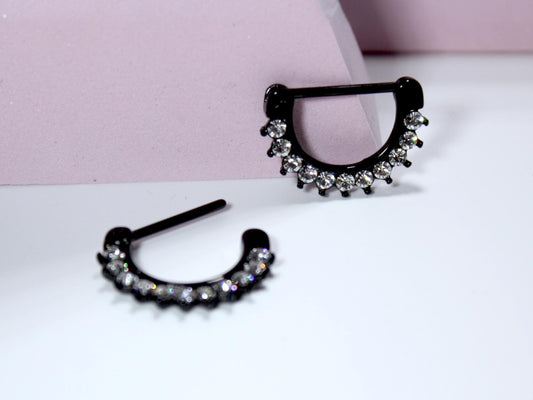 Black CZ Dangle Nipple Ring – 14G Hinged Clicker Nipple Barbell Set, Black Nipple Piercing Jewelry (Pair)