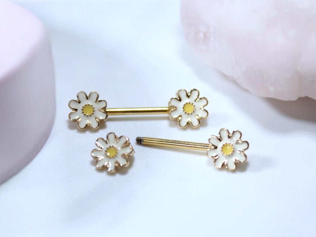14G Daisy Nipple Barbell, Set of 2 Gold Floral Nipple Ring, Nipple Piercing Jewelry, Customized Personalized Body Jewelry